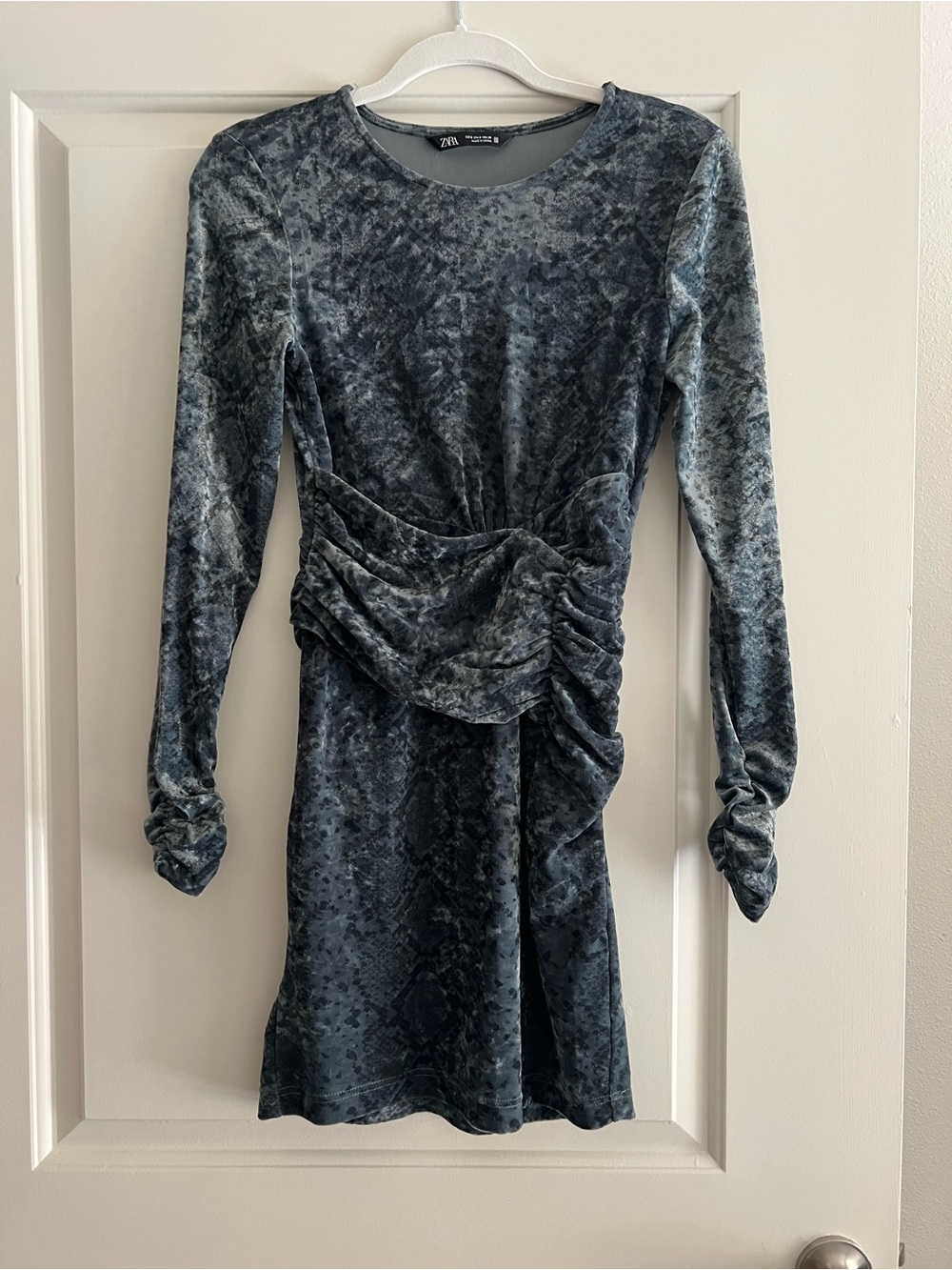 Zara Slate Blue Crushed Velvet Ruched Mini Dress